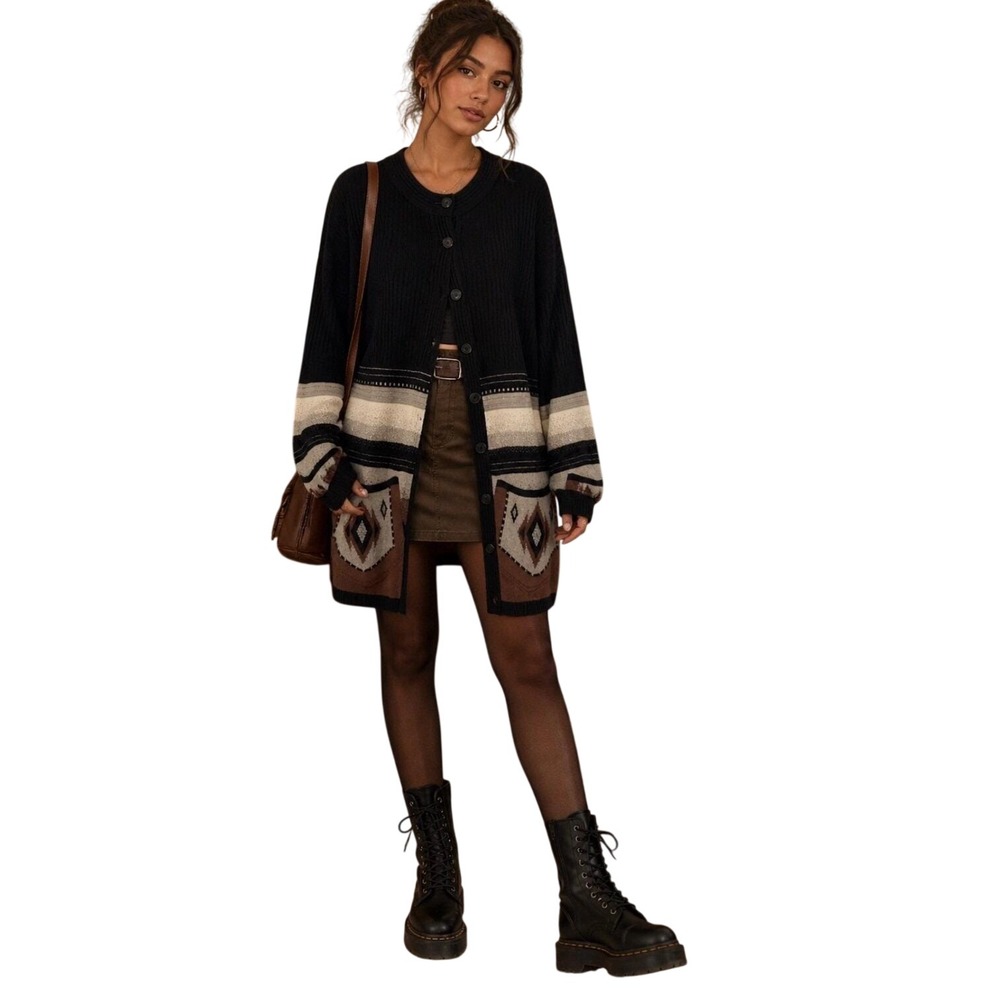 Vtg Rodier Wool Blend Southwestern Aztec Knit Cardigan Sweater XL Boho Grunge